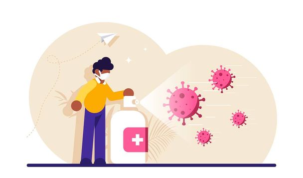 Concept disinfection, fighting Coronavirus or infectious disease spread. Man wearing mask using disinfectant spray or sanitizer against COVID-19 viral infection. Modern flat vector illustration. - Vector, Image