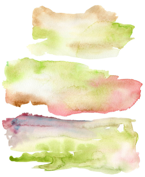 Aquarel textuur met paarse, roze en groene vlekken. Hand geschilderd prachtige illustratie met vlekken geïsoleerd op een witte achtergrond. Voor ontwerp, bedrukking, stof of ondergrond. - Foto, afbeelding