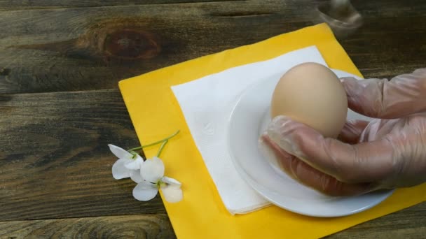 La persona toma un huevo hervido con las manos del platillo blanco, rompe la cáscara con cucharadita y pelando el huevo. Primer plano
. - Metraje, vídeo