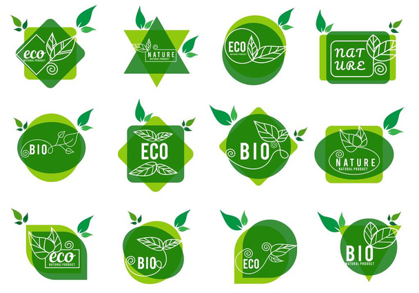 Set von Green Nature-Produkten, Biolebensmitteln und Naturprodukt-Symbolen und Elementen für das Design von Lebensmittelprodukten. Vektorillustration - Vektor, Bild