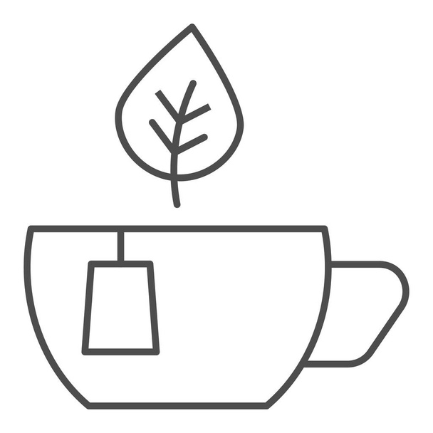 Green tea thin line icon. Cup of tea vector illustration isolated on white. Mug with leaves outline style design, designed for web and app. Eps 10. - Вектор, зображення