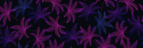 Patrón sin costura con degradado hojas de cáñamo de marihuana de colores aislados en negro. Hojas de cannabis dibujadas a mano en color rosa. Plantilla para textiles, materiales de embalaje, fondos de pantalla, envoltura. Vector
 - Vector, Imagen