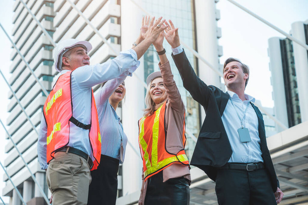 Group of Multiethnic Diverse People with Different Jobs celebrate with arm stretch feeling happy and give the high five - Photo, Image