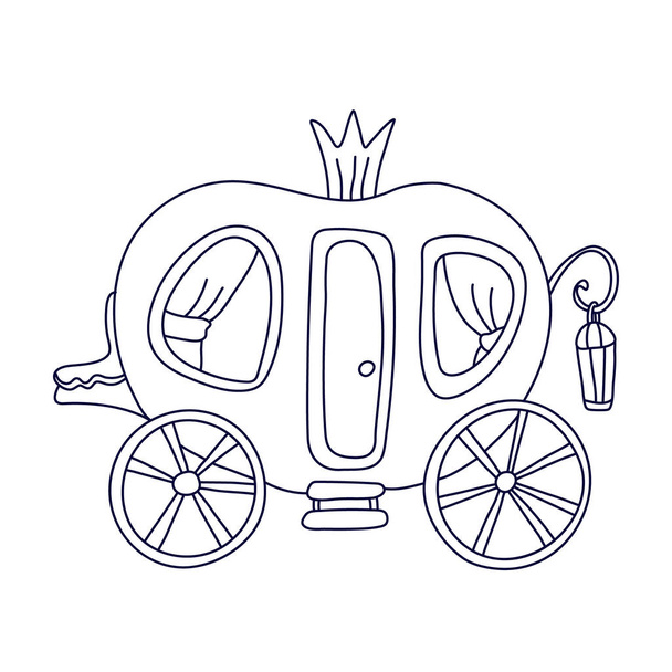 Fairy carriage for princess decorated with crown and curtains on the windows in doodle style. Hand drawn vector illustration in black ink isolated on white background. Great for coloring book.  - Vector, Image