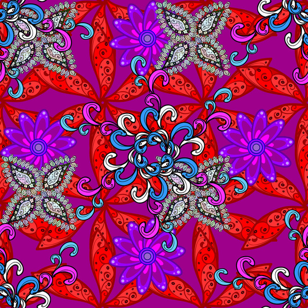 Seamless pattern with bright flowering carpet of plants on a purple, black and red colors. - Vecteur, image