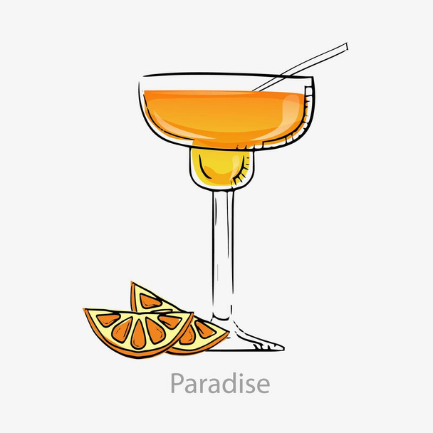 Cocktail paradise. Orange cocktail with orange slice straws alcohol aperitif gin. - Vector, Image