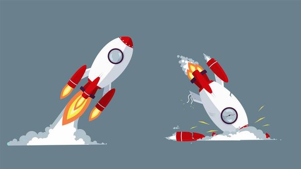 Cartoon-Rakete beim Start und Absturzvektorgrafik. Startup-Start und Misserfolg - Vektor, Bild