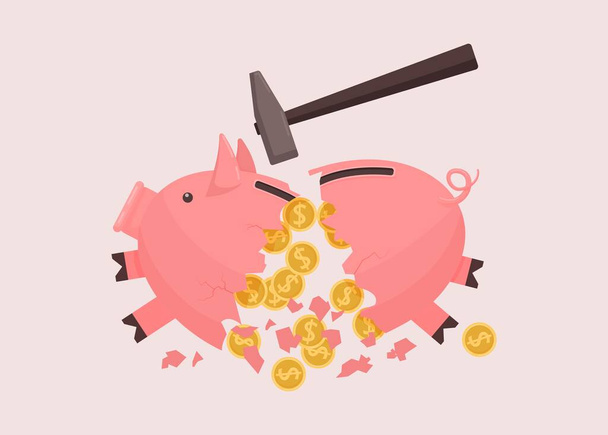 Piggy bank broken by hammer. Broken pink piggy bank spillover savings cash. - Vector, Image