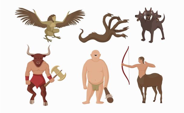 Mythical creatures greece. Ancient greek mythological characters centaur with bow minotaur battle ax. - Vector, Image