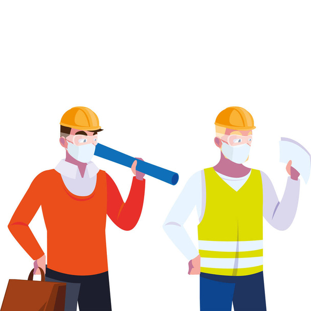 άνδρες μηχανικός και χειριστής με μάσκα και κράνος - Διάνυσμα, εικόνα