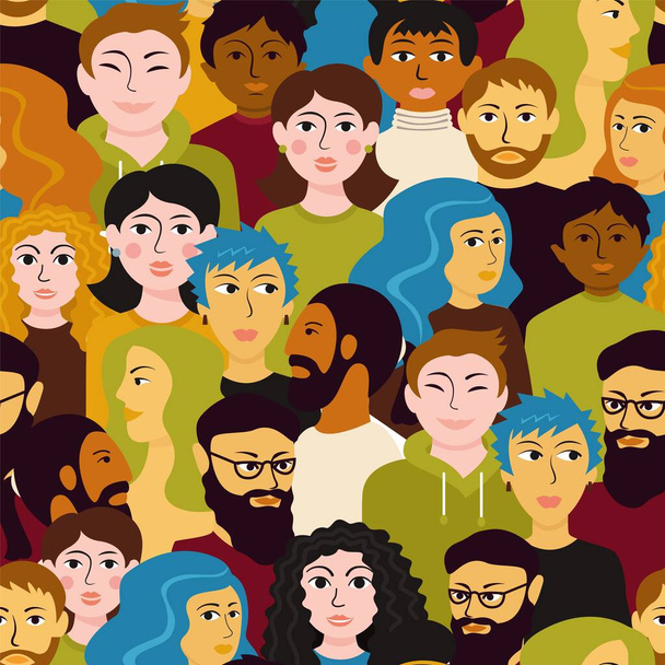 Kolorowe zróżnicowany tłum bezszwowy wzór wektor płaska ilustracja różnych ludzi twarz ekspresja - Wektor, obraz