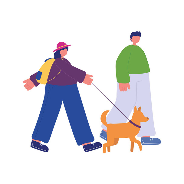 emberek tevékenységek, pár séta vele kutya kabala rajzfilm - Vektor, kép