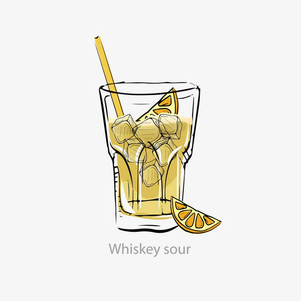 Sour whiskey cocktail. Yellow cocktail ice cubes, orange slice straw. - Vector, Image