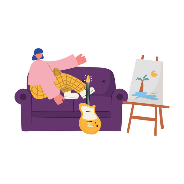 actividades de personas, mujer joven sentada en el sofá con la guitarra eléctrica y la imagen
 - Vector, Imagen