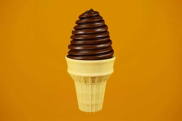 Chocolade soft serveer ijs met krokante wafelkegel, 3D rendering - Foto, afbeelding