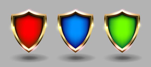 Colorful shields set banner, grey background. Red, blue and green coats of arms realistic vector illustrations. Security and protection - Vettoriali, immagini