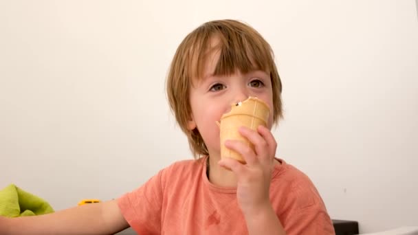 Kleine jongen die met plezier ijs eet terwijl hij thuis rust - Video