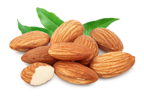Almonds nuts with leaf isolated on white background with clipping path and full depth of field. - Photo, Image