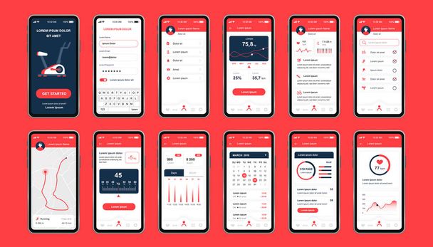 Fitness workout unique design kit for mobile app. Fitness tracker screens with running route planner, analytics and burned calories. Sport UI, UX template set. GUI for responsive mobile application. - Vector, Image