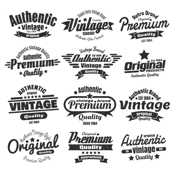 twaalf vintage insignes of etiketten - Vector, afbeelding