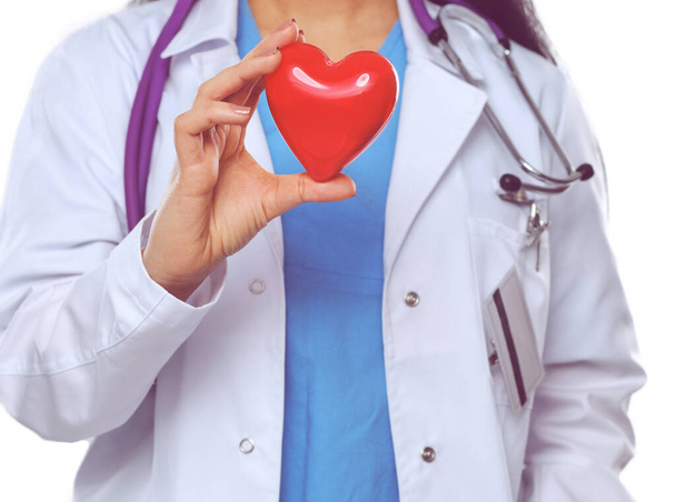 Doctor with stethoscope holding heart, isolated on white background - Fotografie, Obrázek