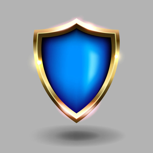 blue and gold shield icon on grey background. Green coats of arms realistic vector illustrations. Security and protection symbol - Wektor, obraz