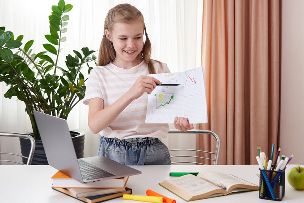 Teen girl presenting her project to a teacher during remote learning at home, homeschooling education, Social distancing, isolation concept - Photo, Image
