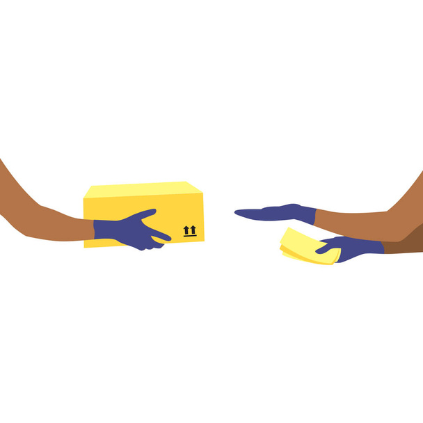 Vektor-Illustration von schwarzen Kurierhänden in Schutzhandschuhen mit Paket und ausgestreckter Hand, um Schachtel und Geld in der anderen Hand zu bekommen. Lieferung des Paket- oder Box-Konzepts.  - Vektor, Bild