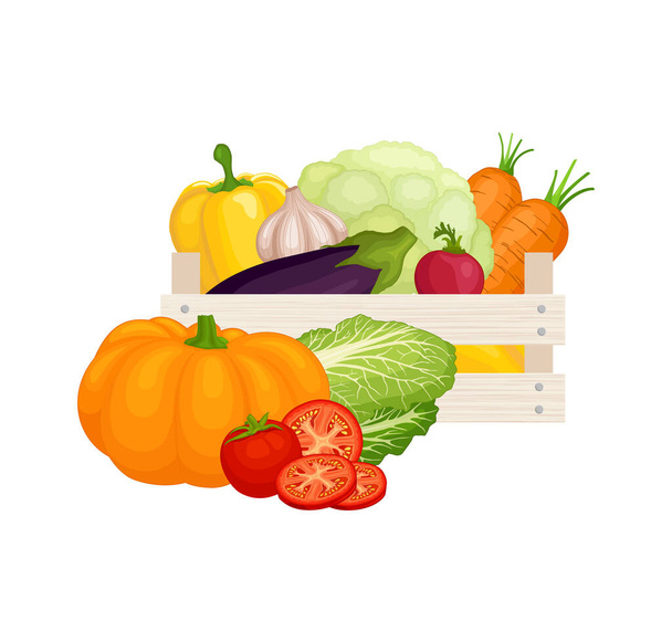Çiftlikte yetişen organik gıdalar satmak. Sebzeli kutu. Vektör. - Vektör, Görsel