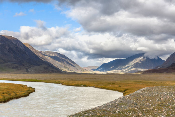 Landscapes of Mongolia. River, mountains and beautiful summer sky - Photo, Image