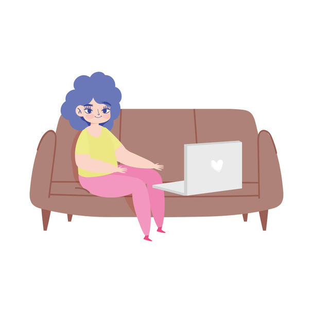 молодая женщина с ноутбуком на диване
 - Вектор,изображение