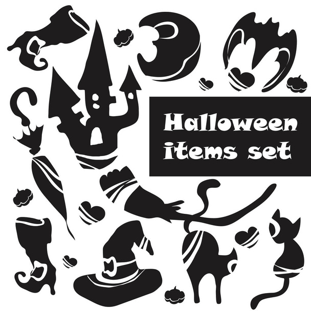 Conjunto de parafernália Halloween, inclui chapéu de bruxa, botas de bruxa, guarda-chuva, vassoura, gato, morcego, lua, casa. Para projetar design de Halloween, lembranças e adesivos. Ilustração vetorial
 - Vetor, Imagem