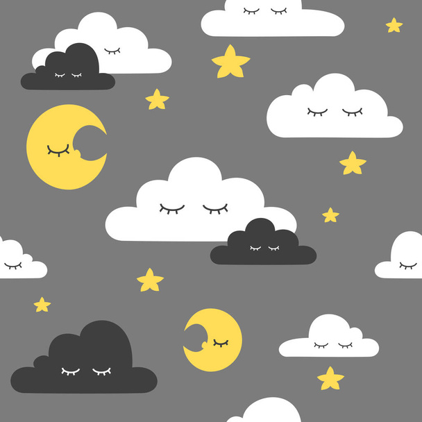 Nahtloses Muster einfacher Wolken mit einem Lächeln und verschiedenen zusätzlichen Elementen zum Thema Himmel. Hergestellt in einem flachen, minimalistischen Doodle-Stil. Endloses Vektormuster - Vektor, Bild