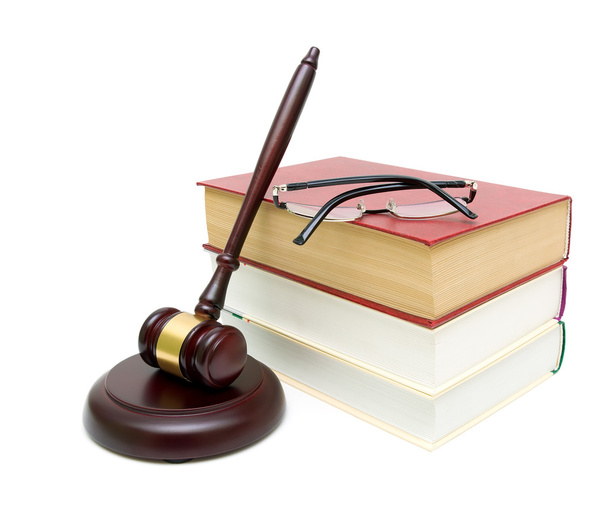 Gavel, a stack of books and glasses on white background - Photo, Image