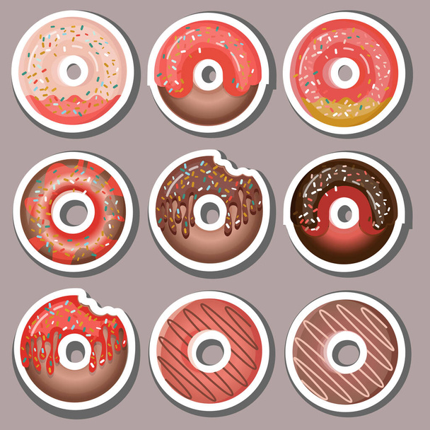 Set of round donut stickers with cream. Cute glossy donuts with pink, chocolate and vanilla glaze and sprinkles. For stickers, stickers, translations, applications, scrapbooking. - Vektor, Bild