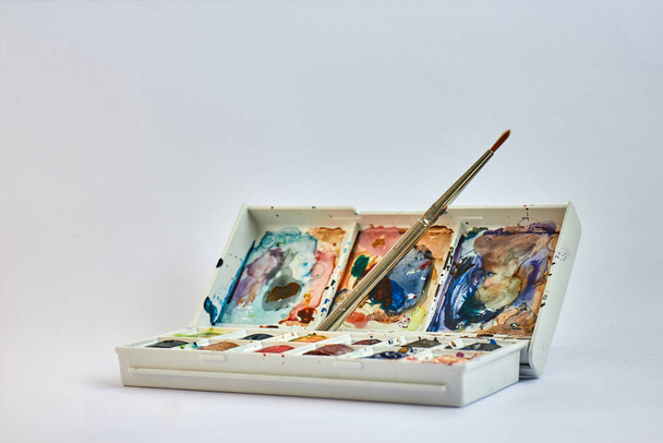 painting kit with case and brush on white background - Photo, Image