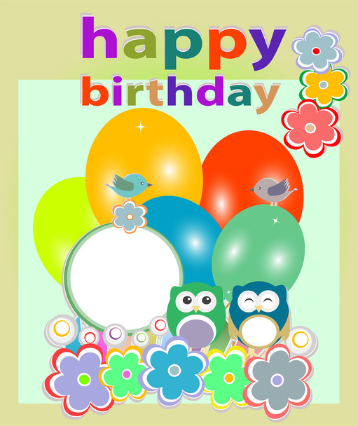 birthday party card with cute birds and owl on trees and flowers - Photo, image