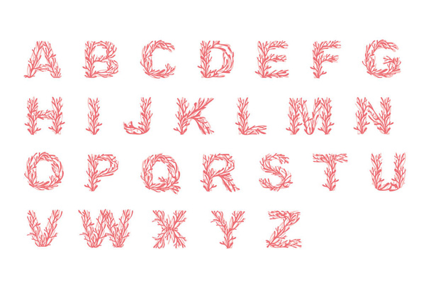 Zestaw liter alfabet różowy kolorowe wodorosty morskie podwodne ocean rośliny morze koralowe elementy płaskie wektor ilustracja na białym tle. - Wektor, obraz