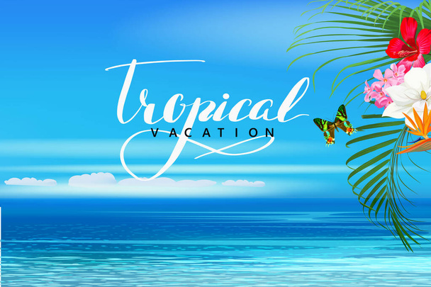 Beautiful tropical banner with flowers,butterfly and palm leaves on sea background - Vector, Image