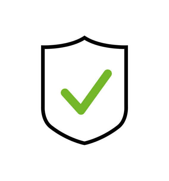 Ikona wektora tarczy z zielonym symbolem znaku kontrolnego, ochrona znaku bezpieczeństwa koncepcja, ilustracja znak izolowany na białym - Wektor, obraz