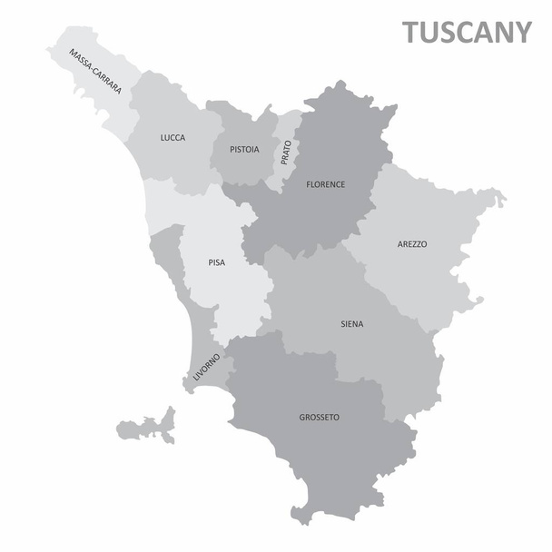 The grayscale map of Tuscany region with labels on white background - Vector, Image