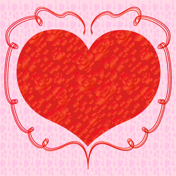 Heart with red roses on a pink background - Vector, imagen