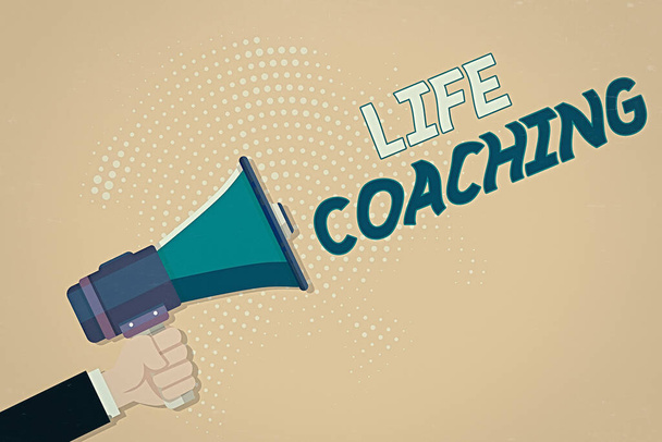 Conceptual hand writing showing Life Coaching. Business photo text an individual employed to help showing attain their goals in career Male Hu analysis Hand Holding Megaphone on Halftone Pattern. - Photo, Image