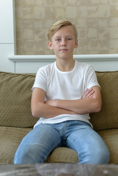 Portrait of young handsome Scandinavian boy with blond hair in the living room at home - Foto, Imagen