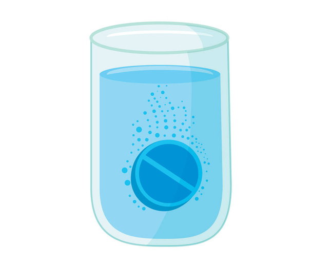 Ilustración vectorial de tabletas efervescentes, píldoras solubles que caen en un vaso con agua con burbujas gaseosas aisladas en un
 - Vector, imagen