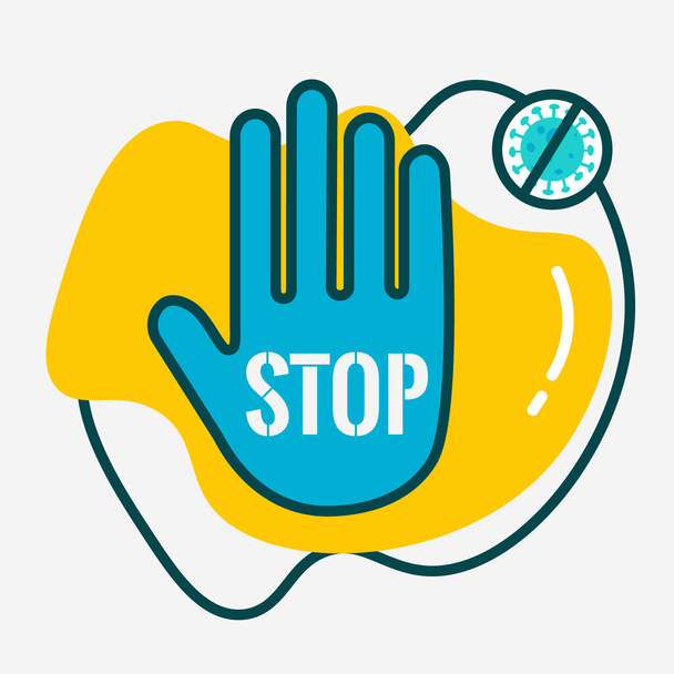 Zastavte koronavirus. Nápis zákazu webové ikony, modrá stopka v podobě stylizované dlaně umístěné vpředu. - Vektor, obrázek