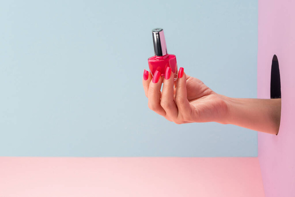 Жінки рука тримає пляшку рожевого лаку для нігтів
 - Фото, зображення