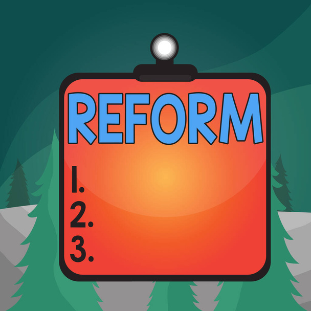 Word writing text Reform. Business concept for to amend or improve by change of forms or removal of faults Clipboard colorful background spring clip stuck bind empty plank frame. - Photo, Image