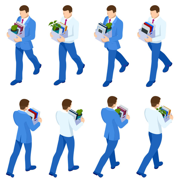 Isometric set of dismissed frustrated business person holding a box with his things. Unemployment, crisis, jobless and employee job reduction - Vector, Image