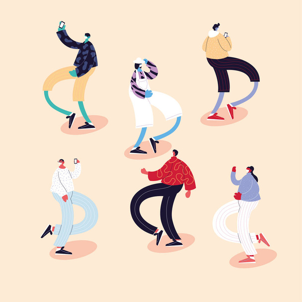 set di persone che ballano pose diverse utilizzando maschere facciali
 - Vettoriali, immagini